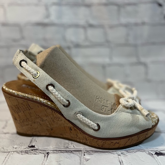 SPERRY TOP SIDER Southport Rope Tie Cork Wedge Cream Canvas-9 - Picture 1 of 6